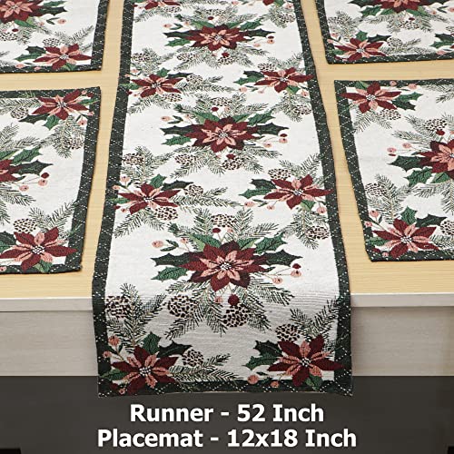 Image of HOKIPO Cotton Jacquard 4 Placemats with Runner for Dining Table 4 Seater (IN530-D1*4+IN531) White Floral