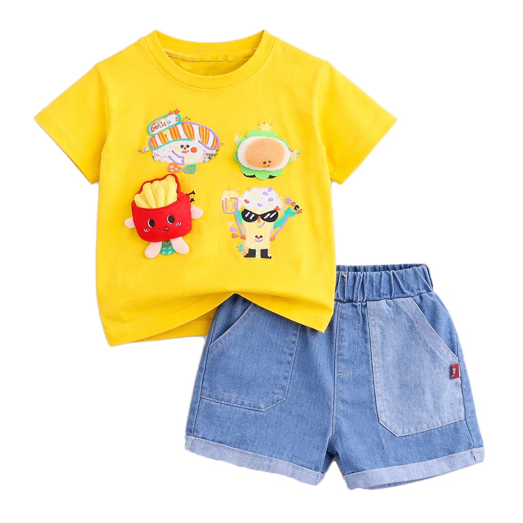 bold n elegant Half Sleeve Pure Cotton Baby Boy Girl 3D Burger French Fries Cartoon Snack T-Shirt with Denim Shorts Smart Casual Outfit for Infant Toddler Kids Upto 5 Years-picture-34