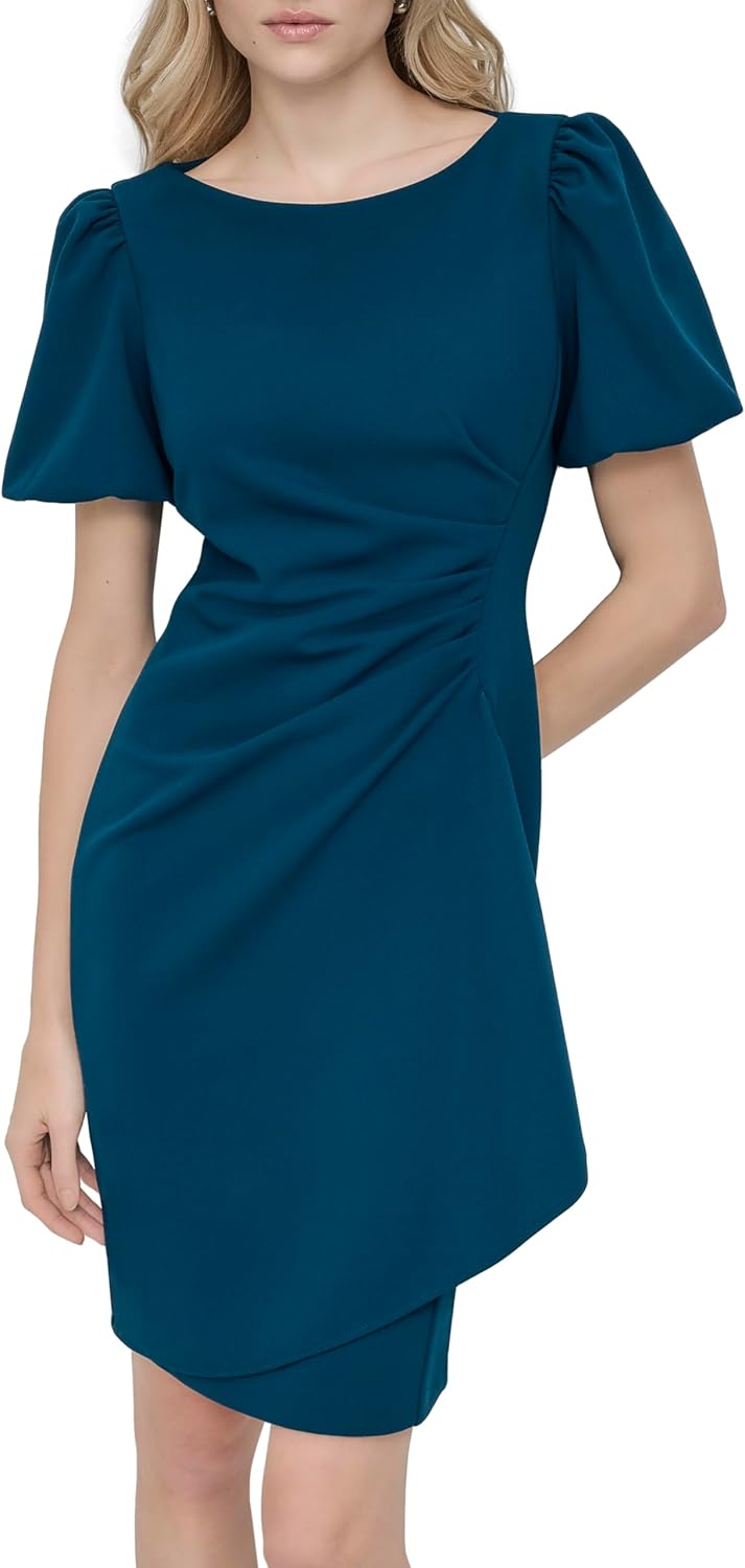 DKNY Women's Short Sleeve Boat Neck Side Ruched Dress