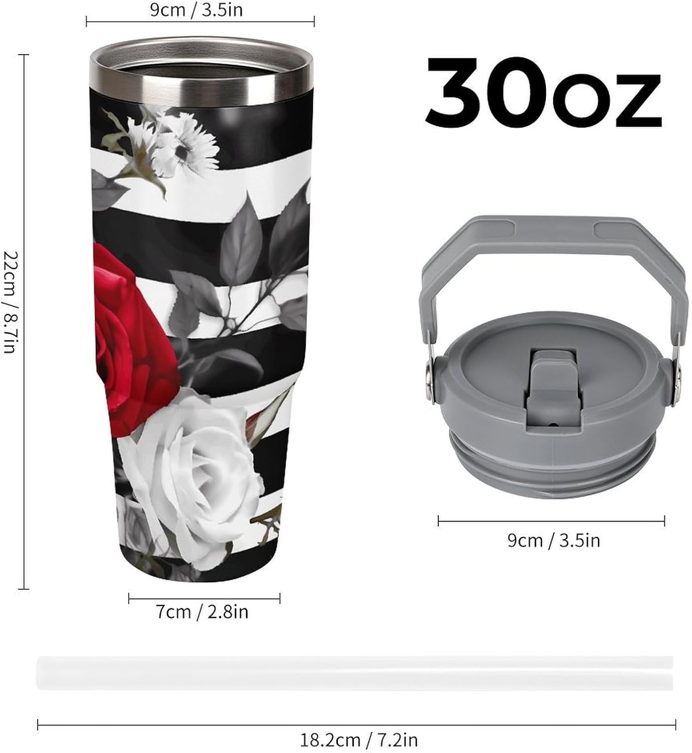 Black White Stripes Red Rose Flowers Water Bottle 30 Oz Fits Car Cup Holder,Insulated Coffee Mug Large Capacity Car Cups,Stainless Steel Double Wall Sport Bottle for Travel Sports Gym