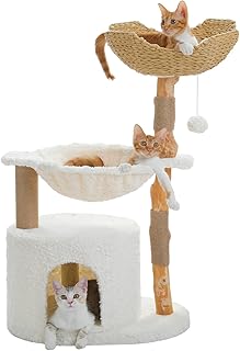 PETEPELA 102 cm Modern Cat Scratching Post for All Stages of Life, Luxury Climbing Tree with Large Wicker Basket, Spacious Cave and 40 cm Wide Hammock, Aesthetic Cat House for Indoor Cats, Beige product image