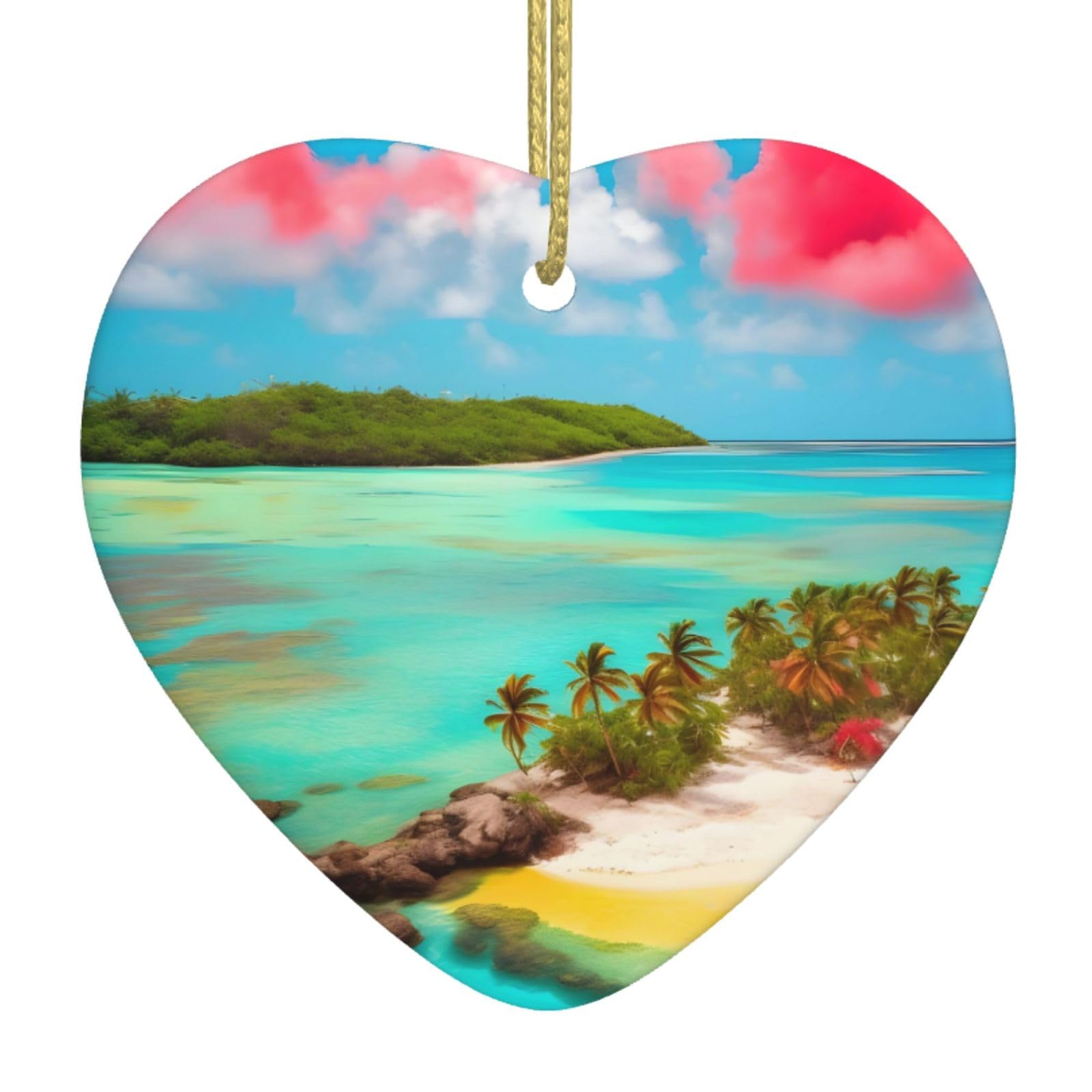 Caribbean Scenery Ceramic Christmas Heart Pendant with Silk Thread, Christmas Tree Home Decoration