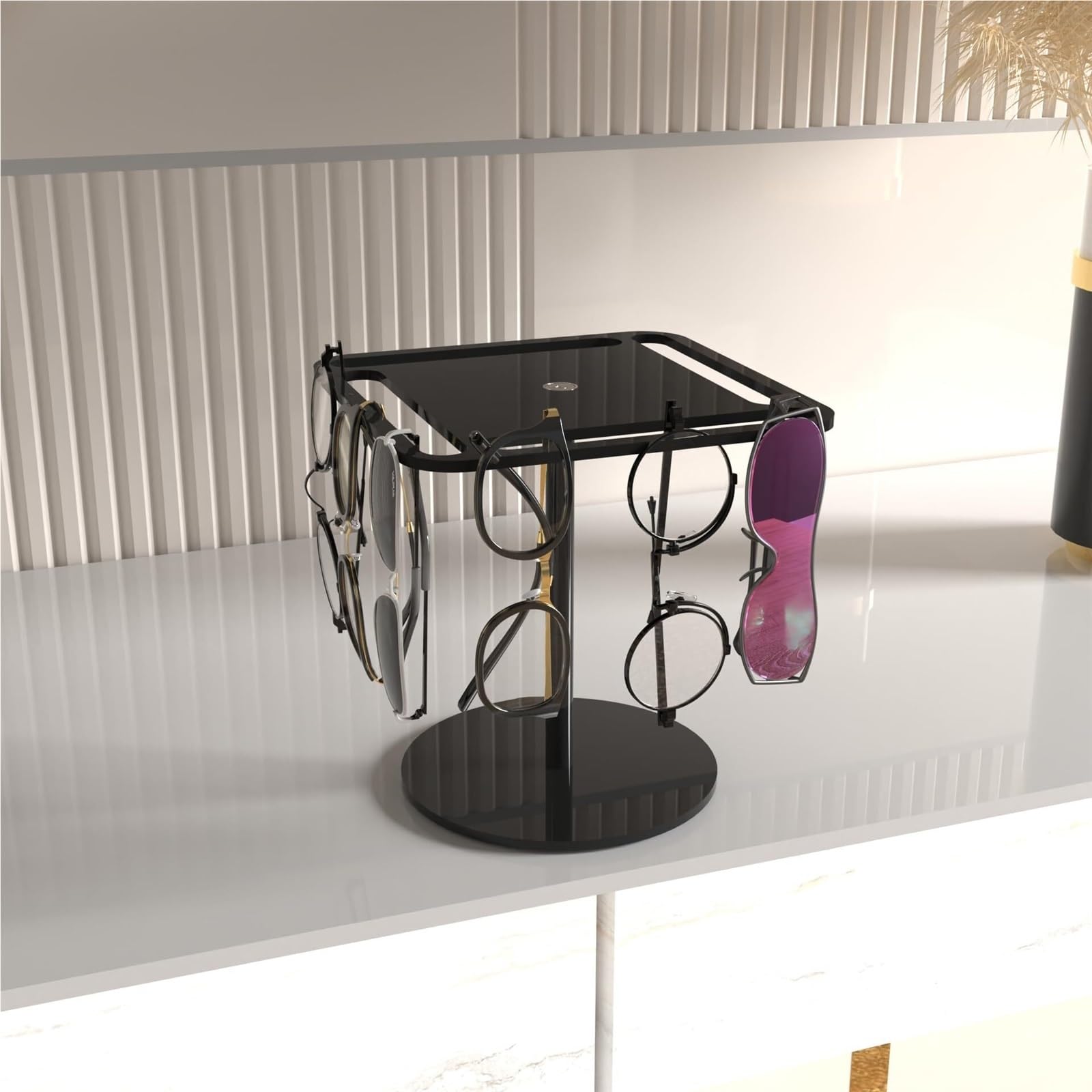 Porta Occhiali per Casa Espositore da Tavolo for Occhiali da Sole in Acrilico con Rotazione A 360° Organizer Occhiali da Sole(Black,20x20x20cm)
