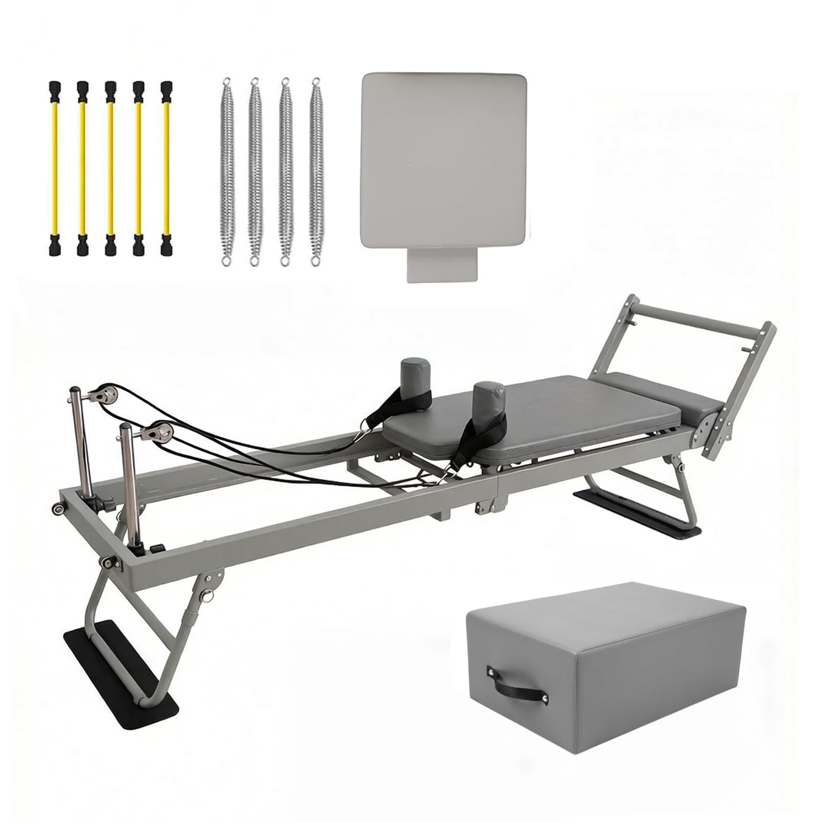 Pilates Reformer - Macchina Pieghevole con 4 Molle e 5 Corde, Macchina Pilates Pieghevole Professionale per Casa e Studio, Portata Fino a 120 kg,Grey-10box