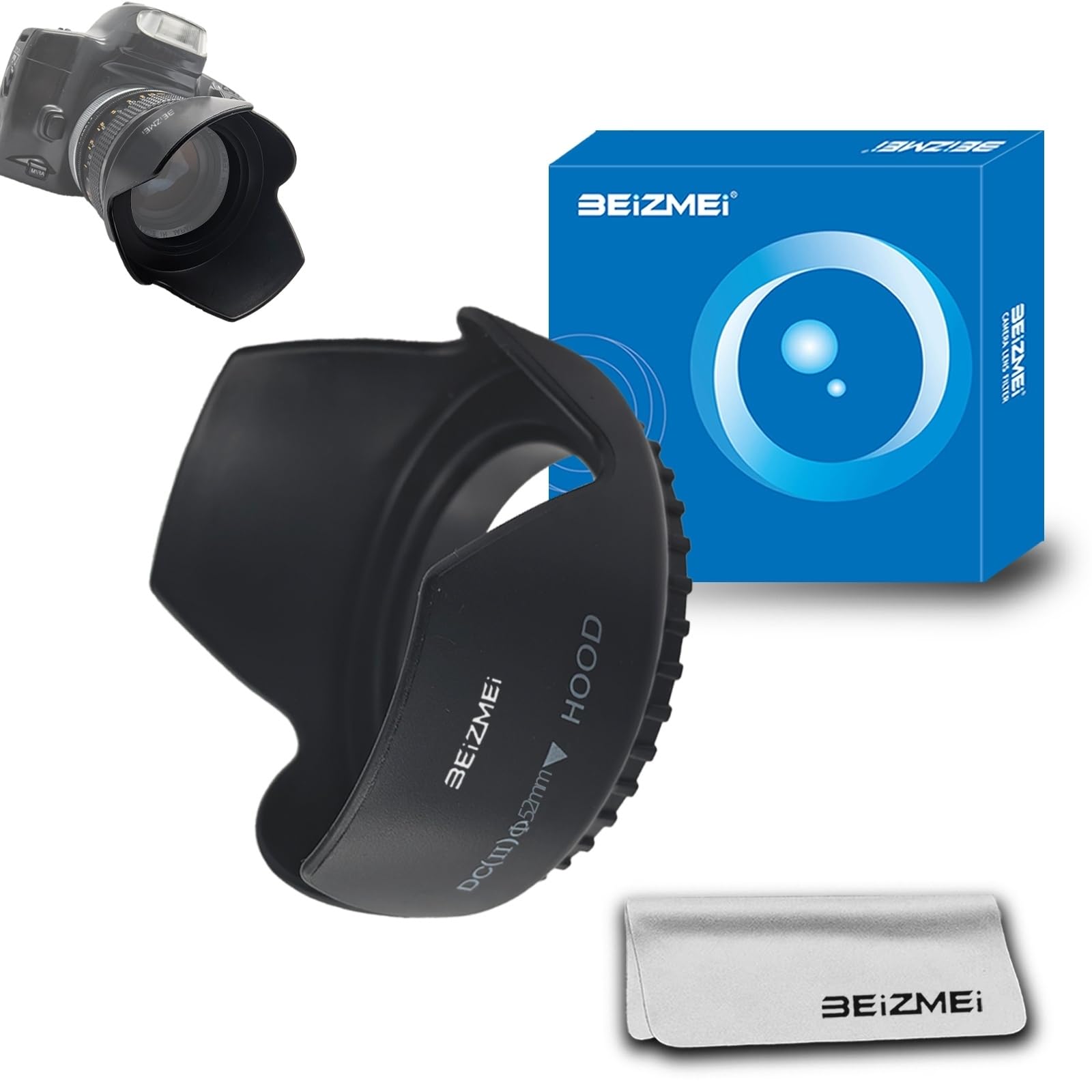 Paraluce da 52 mm, compatibile con tutti gli obiettivi della fotocamera con filettatura da 52 mm (modello universale) + panno per la pulizia dell'obiettivo. (52 mm Spiral Petal Light Shield)