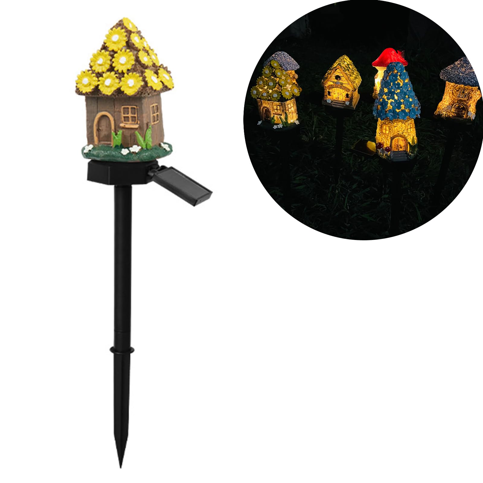 Solar Fairy House Garden Stake Lights, Waterproof Fairy Houses Light Warm LED Mushroom Solar Lights Garden Decor, Resin Mushroom and Cottage Figurines for Outside Lawn Walkway Patio Yard