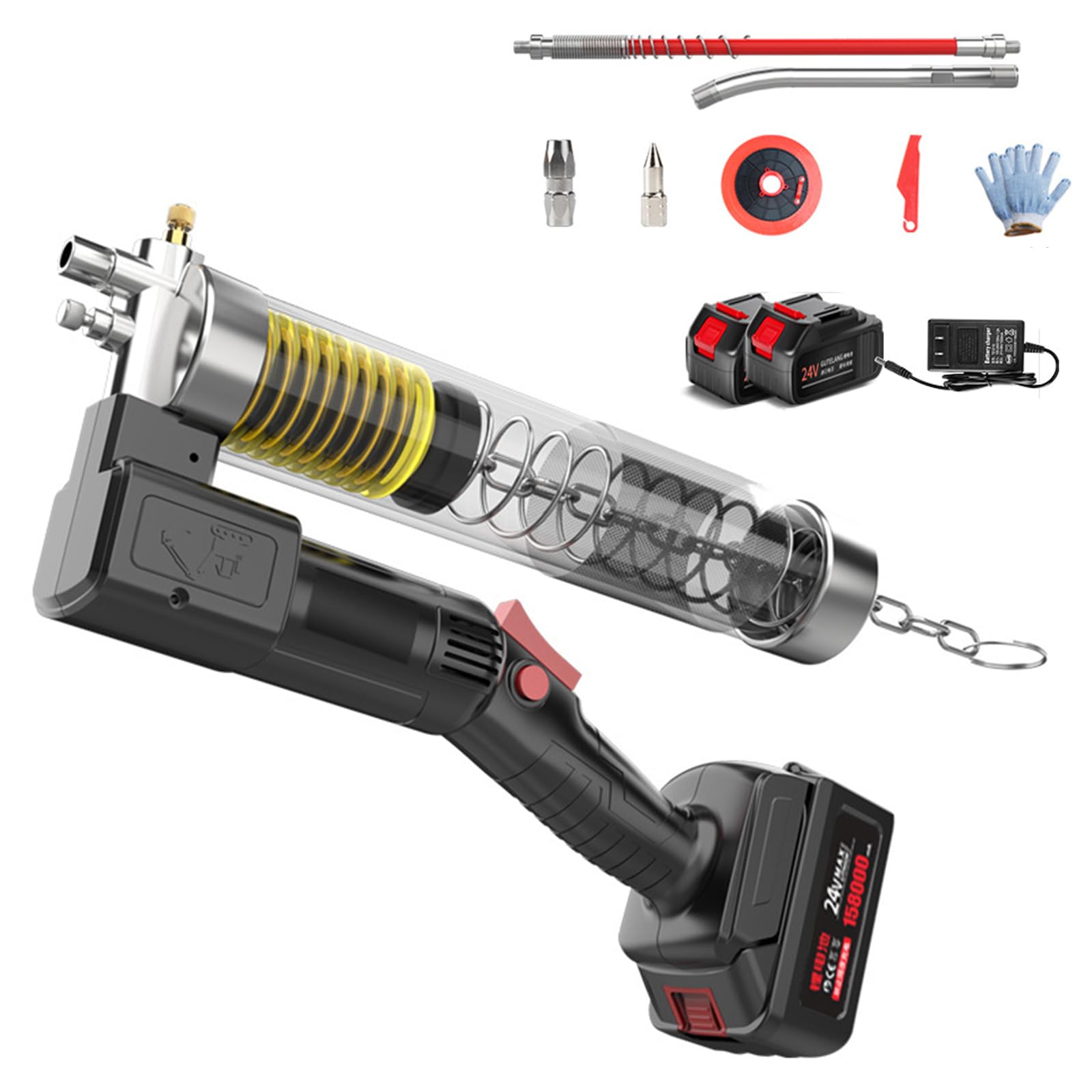 Pistola de grasa eléctrica inalámbrica, 12000 PSI, incluye 2 baterías de litio, manguera y tubo duro para engrasar vehículos y máquinas