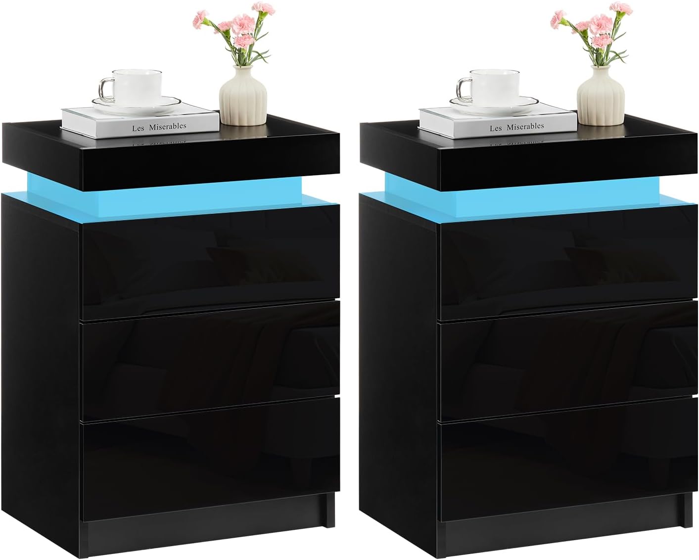 TUKAILAi Nightstand Set of 2 with LED Light, Modern Black Night Stand with Flip Top, Small Bedside Table with 3 Wood Drawers Storage, High Gloss End Side Table for Bedroom