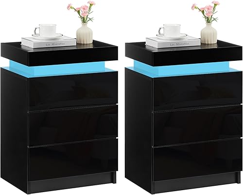TUKAILAi Juego de 2 mesitas de noche modernas con luz LED, 3 cajones de alto brillo, mesita de noche para dormitorio, sala de estar (negro)
