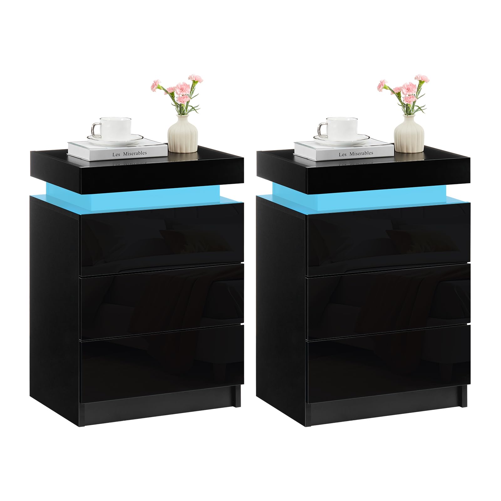 TUKAILAi Black Bedside Table Set of 2 with LED Lights, High Gloss 3 Drawers and Top Storage Bedside Cabinet Nightstand Chest of Drawers for Bedroom Living Room — image 1