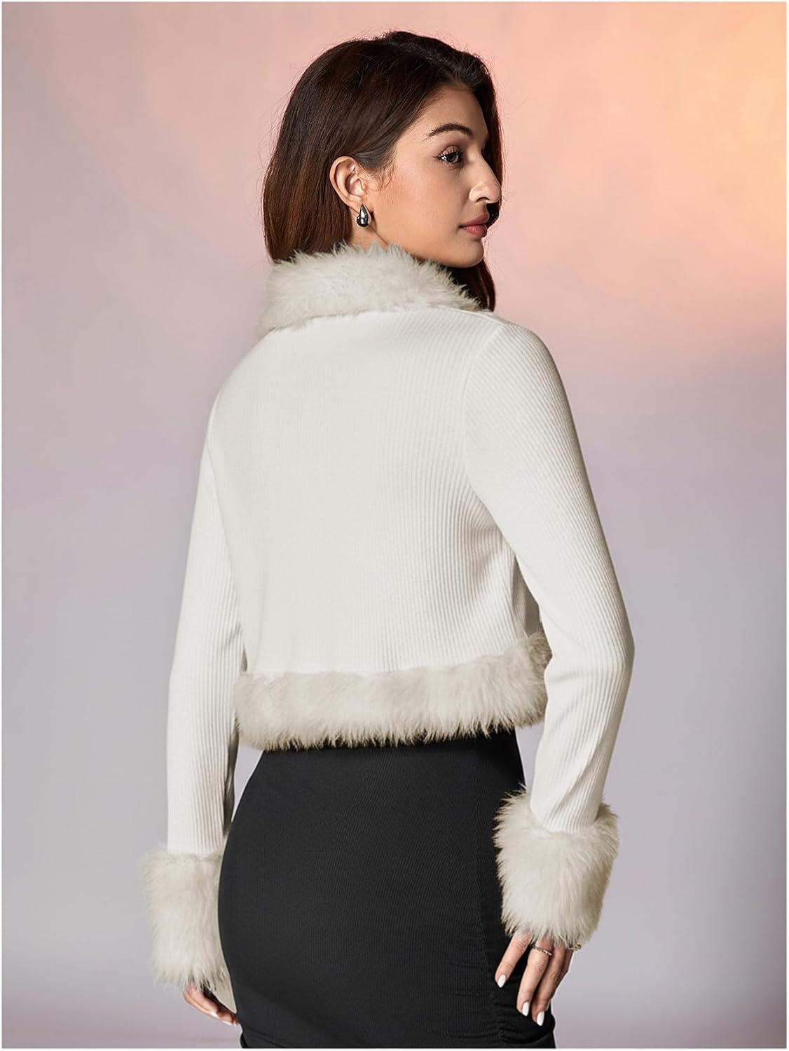 MakeMeChic Women's Faux Fur Open Front Coat Valentines Fuzzy Long Sleeve Crop Jacket Outerwear - Image 2