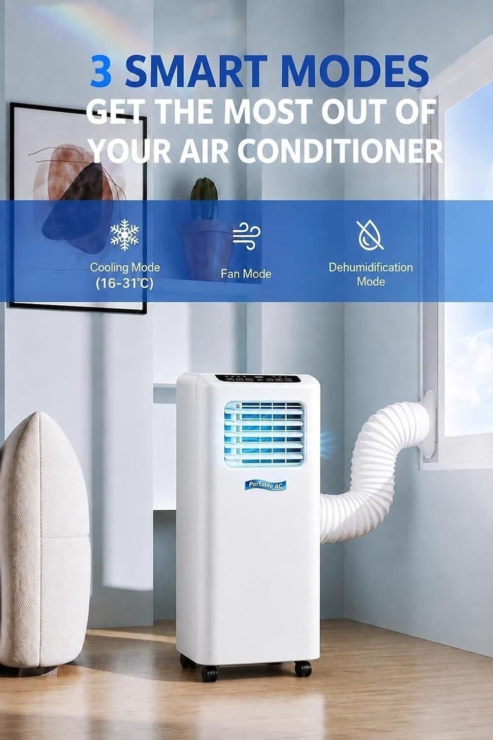 Aire Acondicionado Portátil 7000 BTU con Mando y Temporizador 24h, Refrigeración para Habitaciones hasta 20 m², Ventilador 3 Velocidades, Deshumidificador y Mod, (7000btu), (7000BTU)