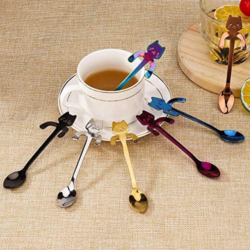 MengH-SHOP Cat Coffee Spoon Stainless Steel Hanging Cup Teaspoons Mini Cute Kitten Design Stirring Spoon for Tea, Dessert, Drink, Mixing Milkshake 7 Pieces (Multicolor)