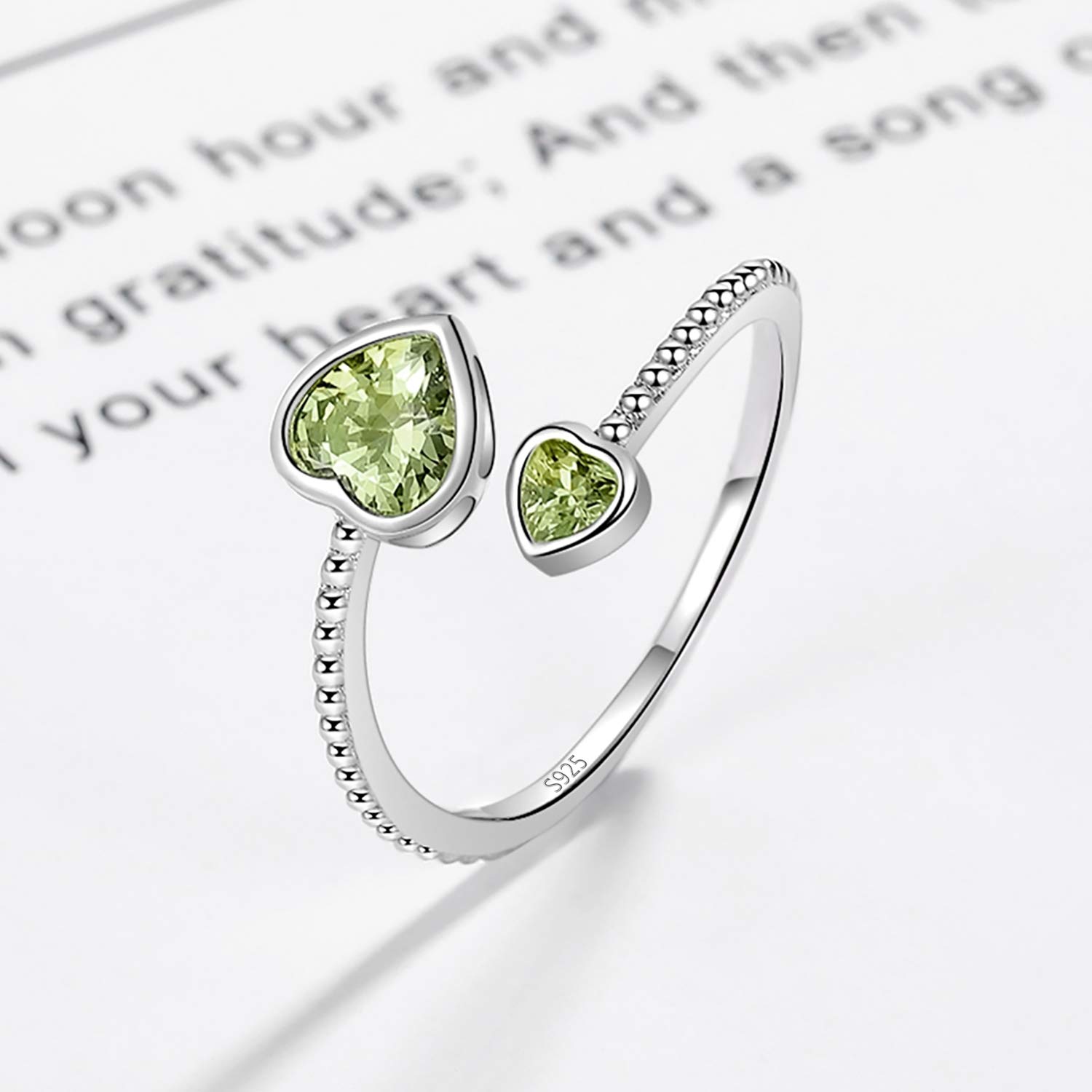Step Forward Anillos de plata de ley 925 con piedra natal para mujeres y niñas, piedras de corazón abierto ajustables, banda de mes de constelación, joyería de regalo de cumpleaños de San