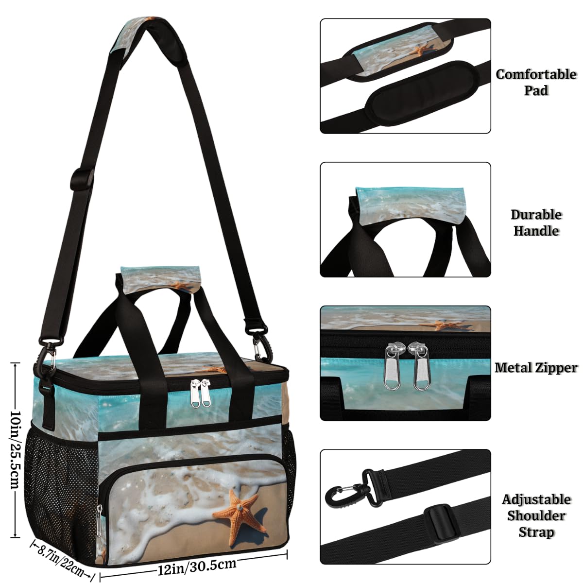 Seaside Insulated Picnic Backpack Lunch Box for Women Men Picnic Basket Tote Lunch Bag Picnic Bag Portable Lunch Bags for Picnic, Beach, Work, Trip,Office, Camp Beach Starfish