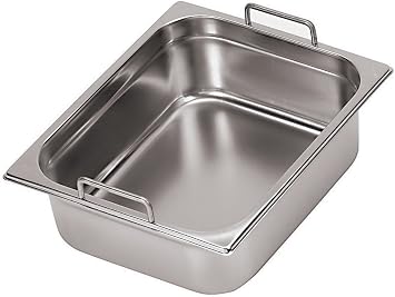 Paderno World Cuisine 7 inches by 6 1/4 inches Stainless-steel Hotel Pan with Fixed Handles - 1/6 depth 4 inches