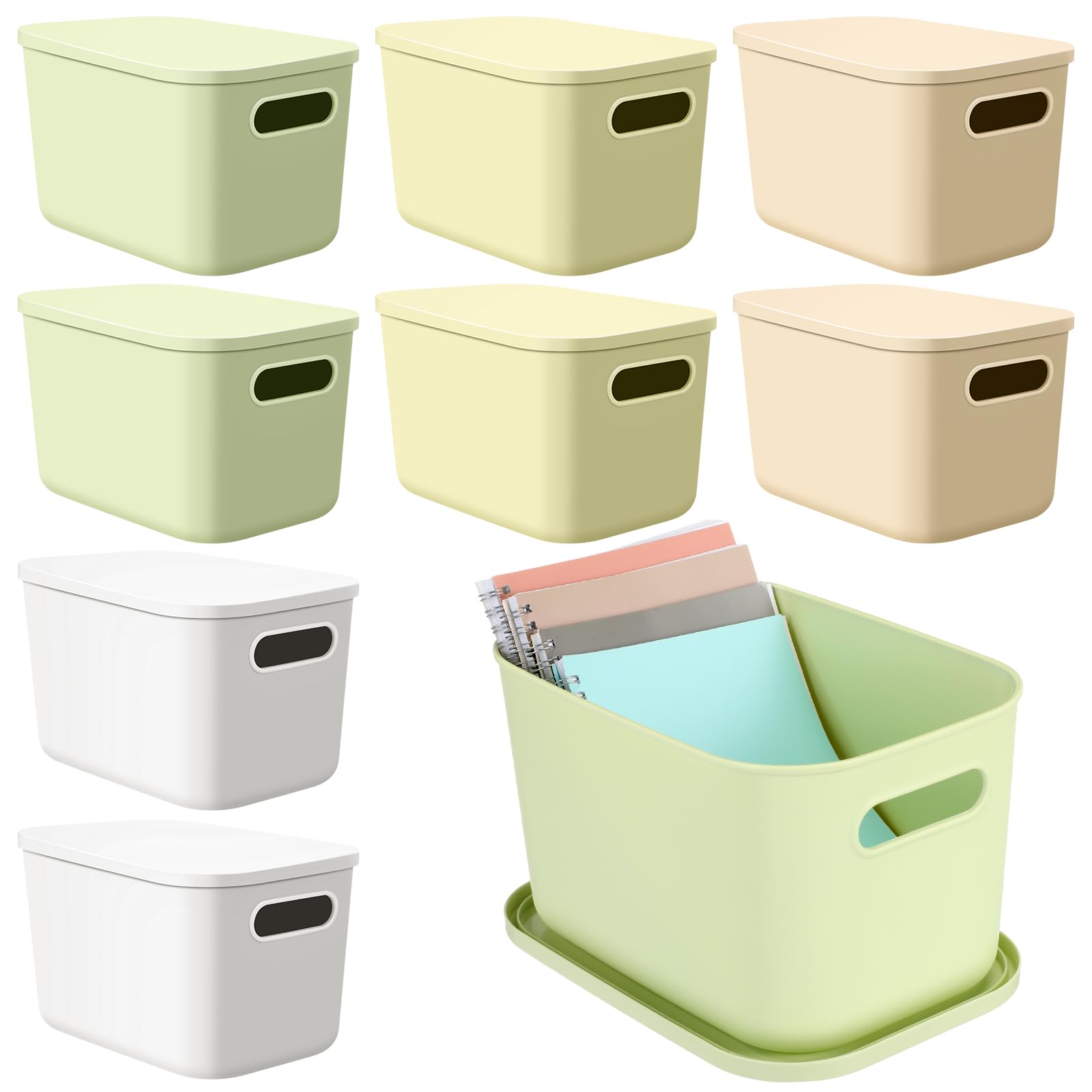 hoolerry 8 pcs colorful storage bins with lids and handle plastic stackable baskets storage containers desktop cube box cubby bins for shelf cabinet(9.8 x 7.1 x 6.3 inch)