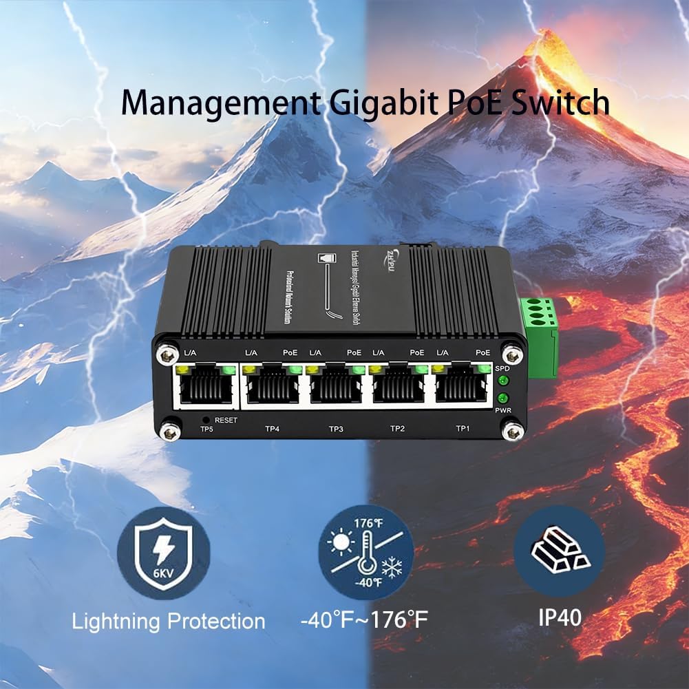 Industrial Managed 5 PoE Gigabit Switch, IEEE 802.3af/at Boost Voltage 9-57V to 48V Max 120W, Smart Web Management with QoS VLAN