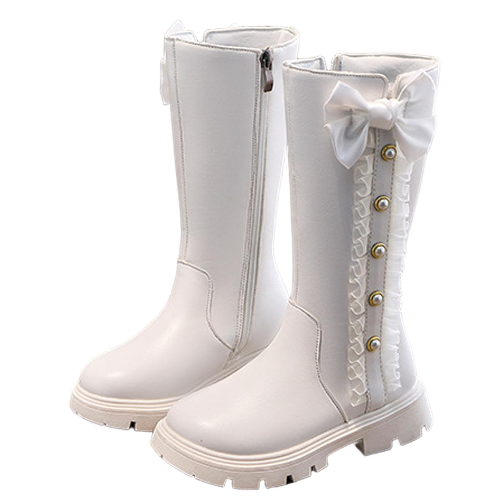 Girls Bows Knee High Boot Mid-Calf Solid Color Flat Heel Slouch Boots Cowgirl Combat Boots for Big Little