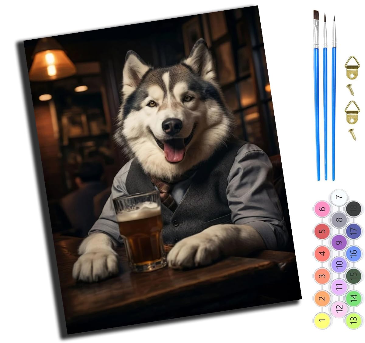 XIAOYOUQIAN Beer Gentleman Dog Husky,Paint by Numbers for Adults,DIY Oil Painting Art Kits with Acrylic Paint Brushes Craft Kits for Home Wall Decor，40X50Cm，-Frameless