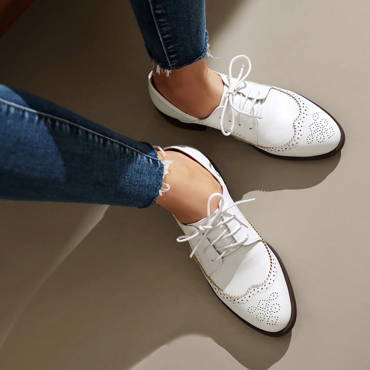 Scarpe Oxford Wingtip Donna Tacco Blocco Scollatura Bassa Stringate