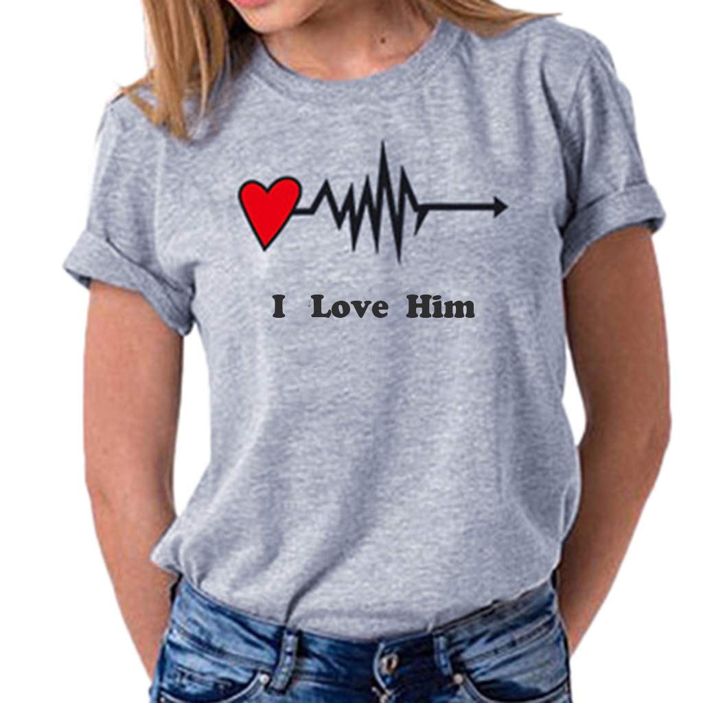 Topassion Valentine's Day Couples T-shiet Short Sleeves Tops Boys and Girls Printing Slim O Neck T-Shirt Blouse Casual Round Slim Tops Blouse Letter Love Him,I Love Her