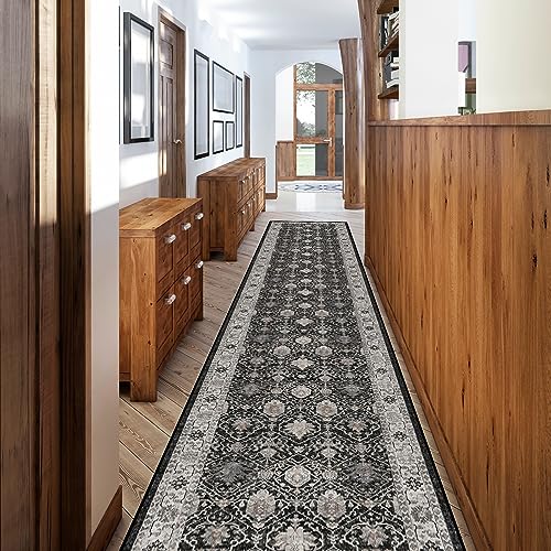 Hallway Washable Runner Rug - 2'6x12 Kitchen Rugs Entryway Rug Runner Vintage Soft Floor Mat Non Slip Indoor Farmhouse Carpet for Bathroom Living Room Bedroom (2'6''x12', Black)