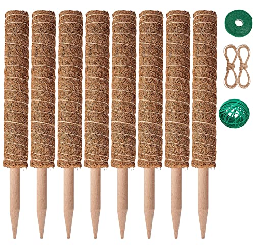 Eibikdi 8 Pcs Moss Pole for Plants Monstera, Plant Support Stakes for Indoor Climbing Plants Grow Upwards, with 65ft Twist Ties, 13ft Jute Rope, 6.5ft Hook-and-Loop Strip
