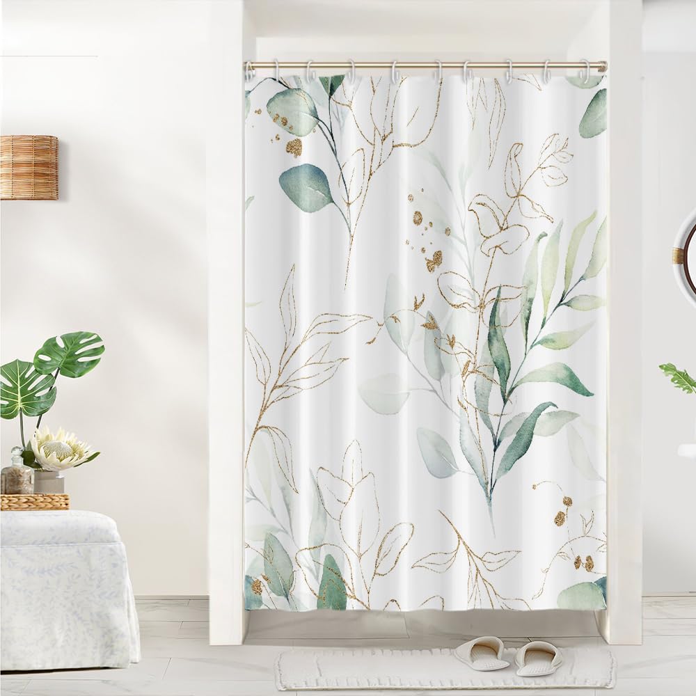 Hnmdmyi Groen Blad Douchegordijn 180x200, Salie Groene Eucalyptus Bladeren Douchegordijnen Aquarel Plant Botanische Badkamer Gordijnen Waterdicht Polyester Stof Wasbare Badgordijnen met haken