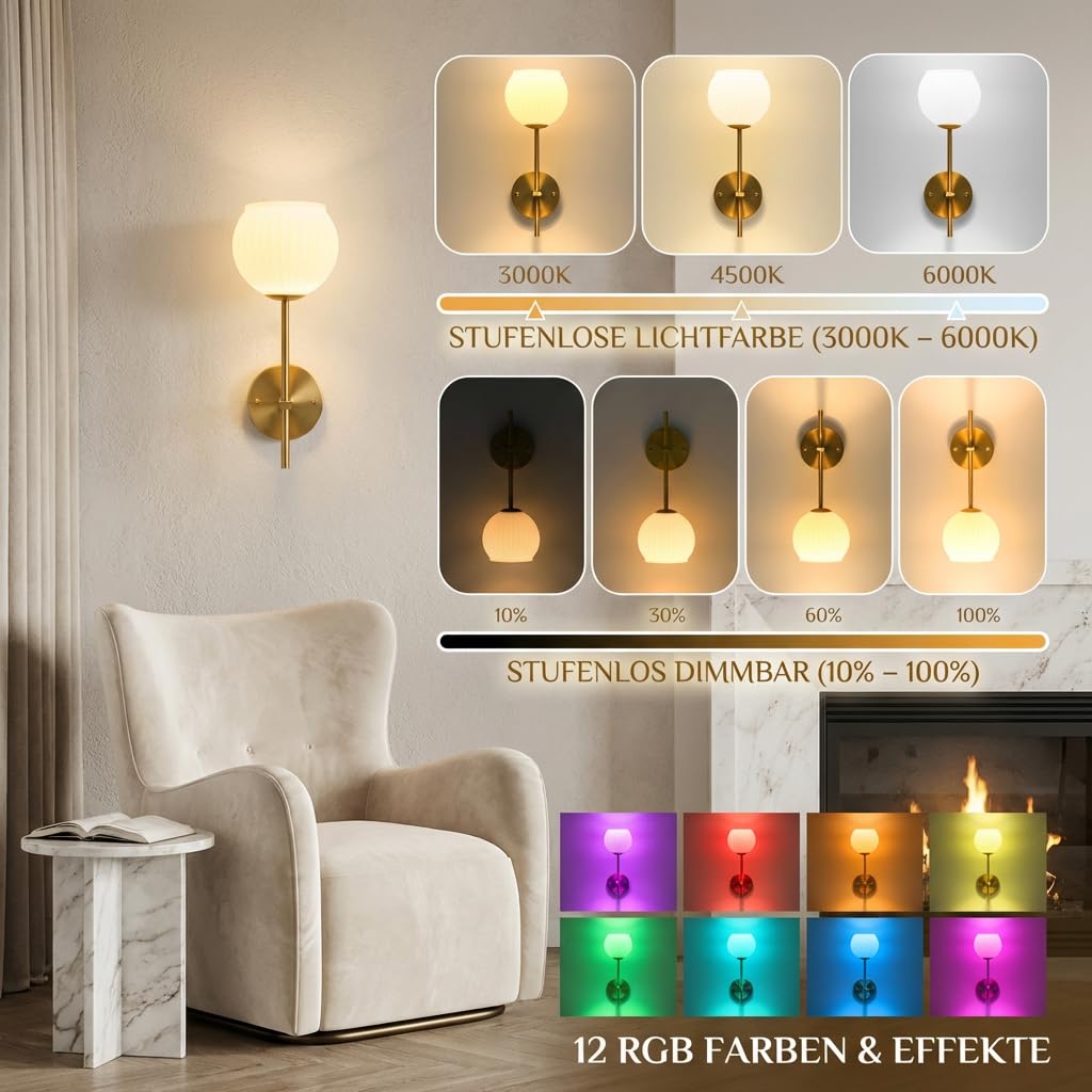 2 sztuki akumulatorowych lamp ściennych do wnętrz, 3200 mAh, szklana lampa ścienna bez przyłącza do prądu, złota, bezprzewodowa lampa ścienna z pilotem zdalnego sterowania, RGB i 3 CCT