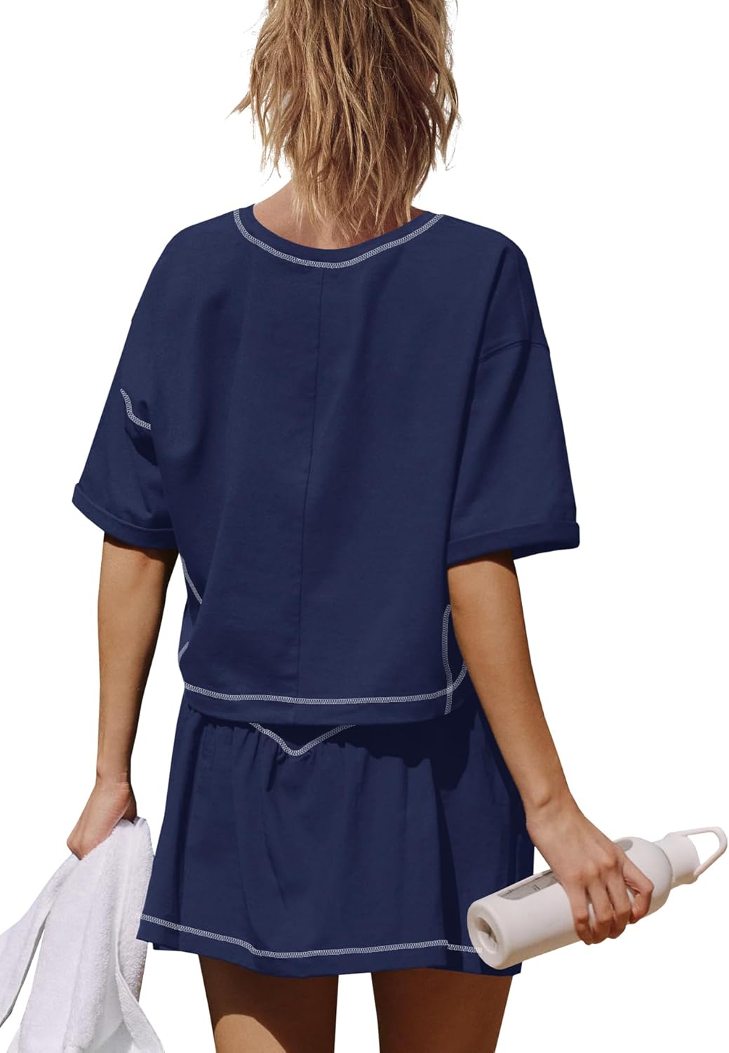 Nirovien Womens 2 Piece Workout Sets Summer Athletic Outfits Short Sleeve Crop Tops and Skirt with Shorts Set - Image 2