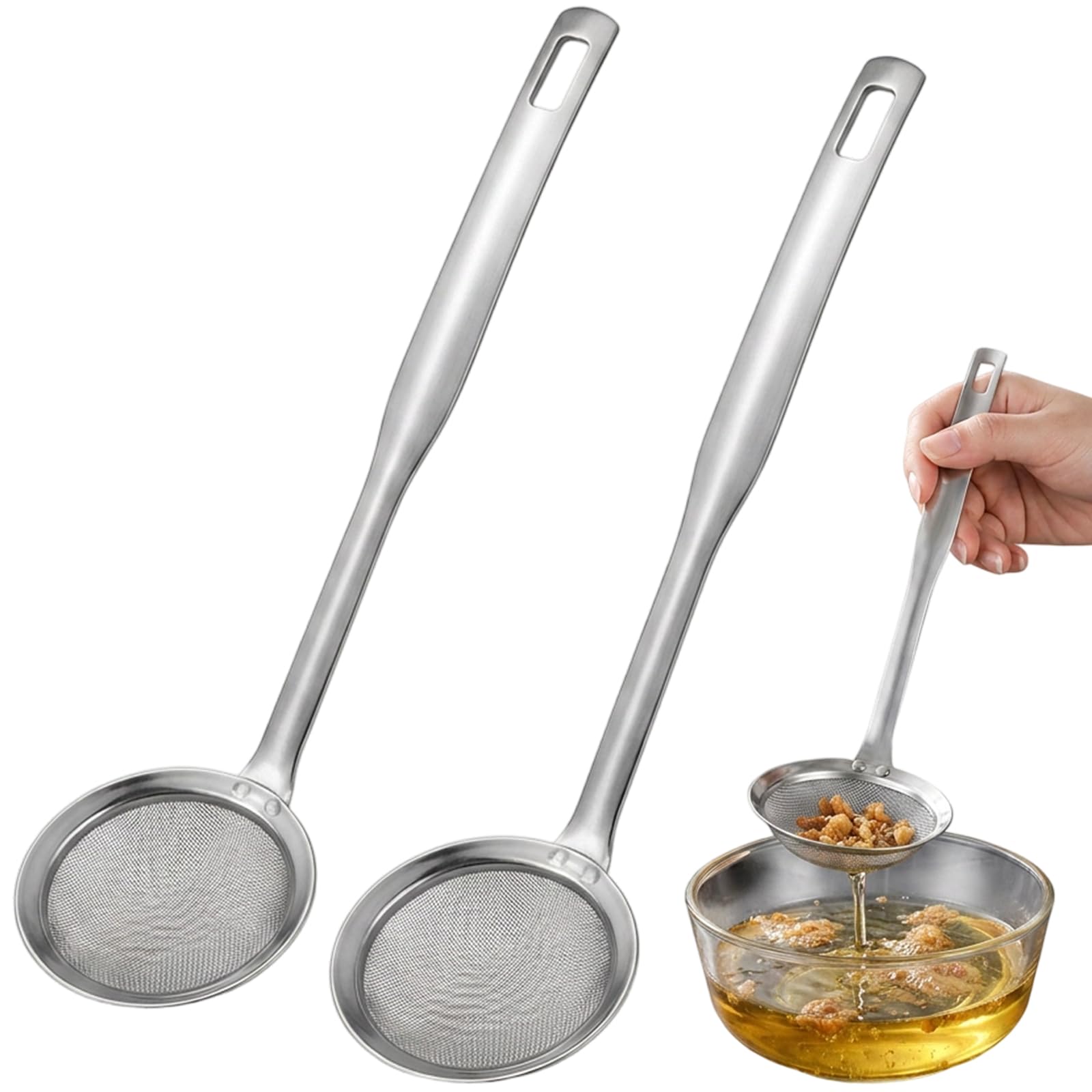 Cooking Oil Filter Sieves for Cooking, Stainless Steel Skimmer Spoon with Fine Mesh, Professional Kitchen Strainer Set of Two Small Oil Drainer Spiders