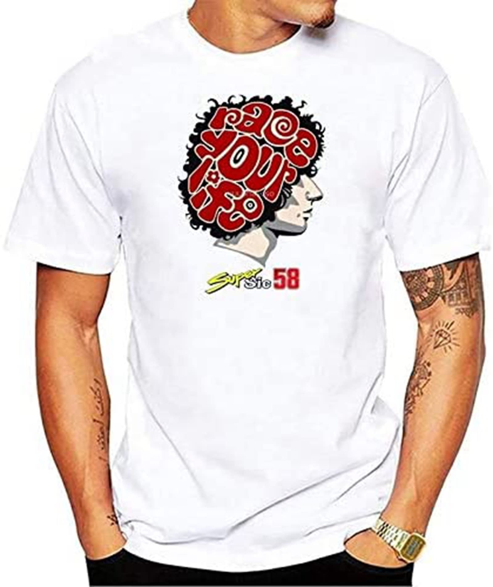 Marco Simoncelli 58 Men's T Shirt Short Sleeve Crew Neck Tshirt MotoGP Tee-Shirt Guy White XL