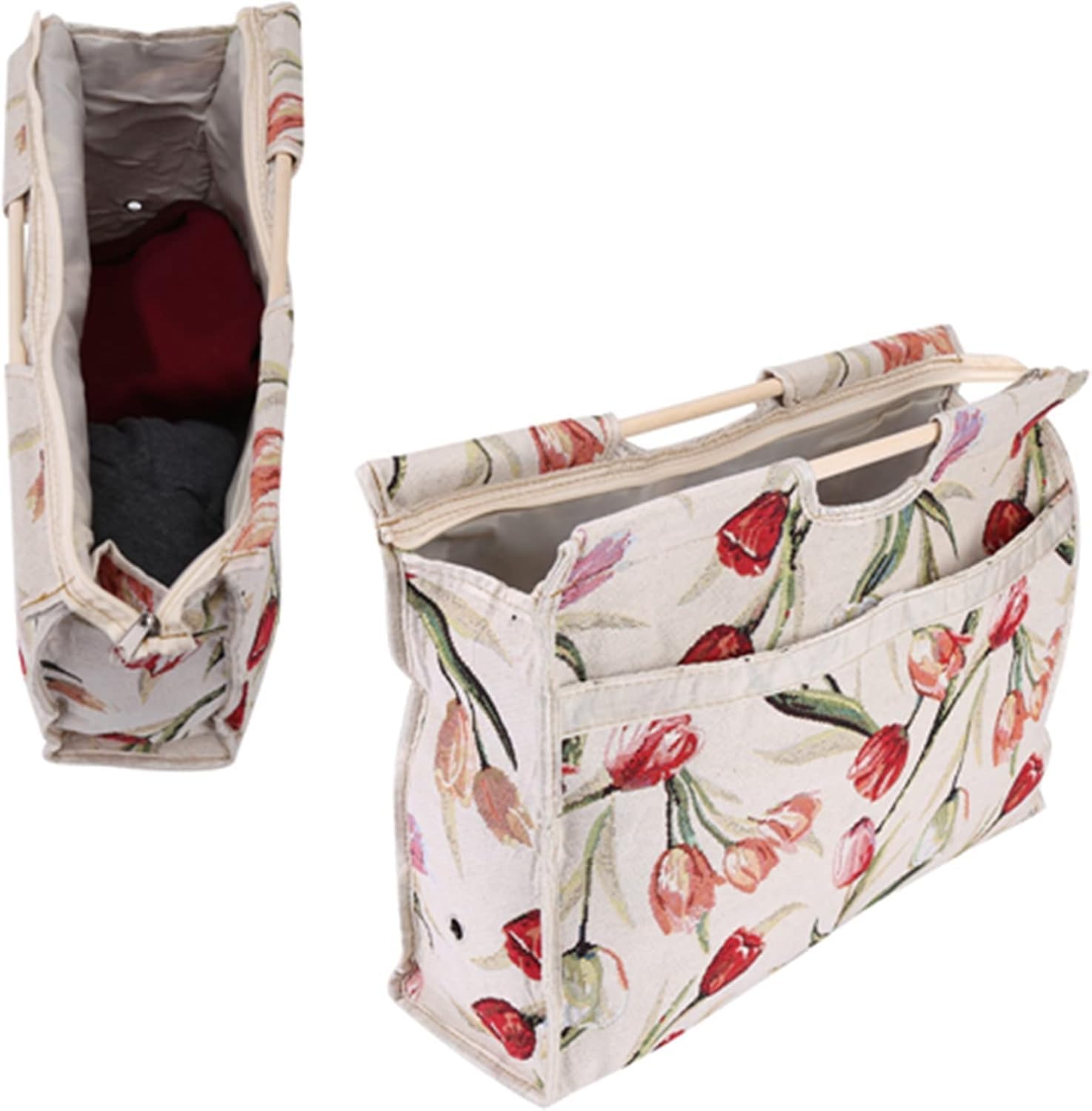 Borsa Tote per Maglia 1 Pezzo con Manico in Legno, Porta Progetti Portatile per Aghi e Matassine, Fiore Rosso, per Cucito e Lavori a Maglia in Casa
