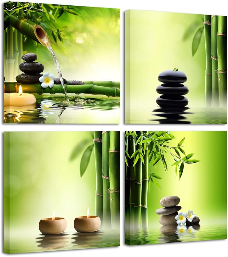 Pyradecor Modern 4 Panel Stretched Contemporary Zen Canvas Prints Perfect Bamboo Green Pictures on Canvas Wall Art for Home Office Decorations Living Room Bedroom