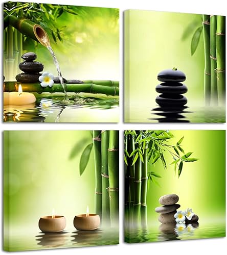 Pyradecor 4 lienzos XL enmarcados contemporáneos con figuras Zen y bambú paisajes arte mural para decoración de salas dormitorios cocinas hogares