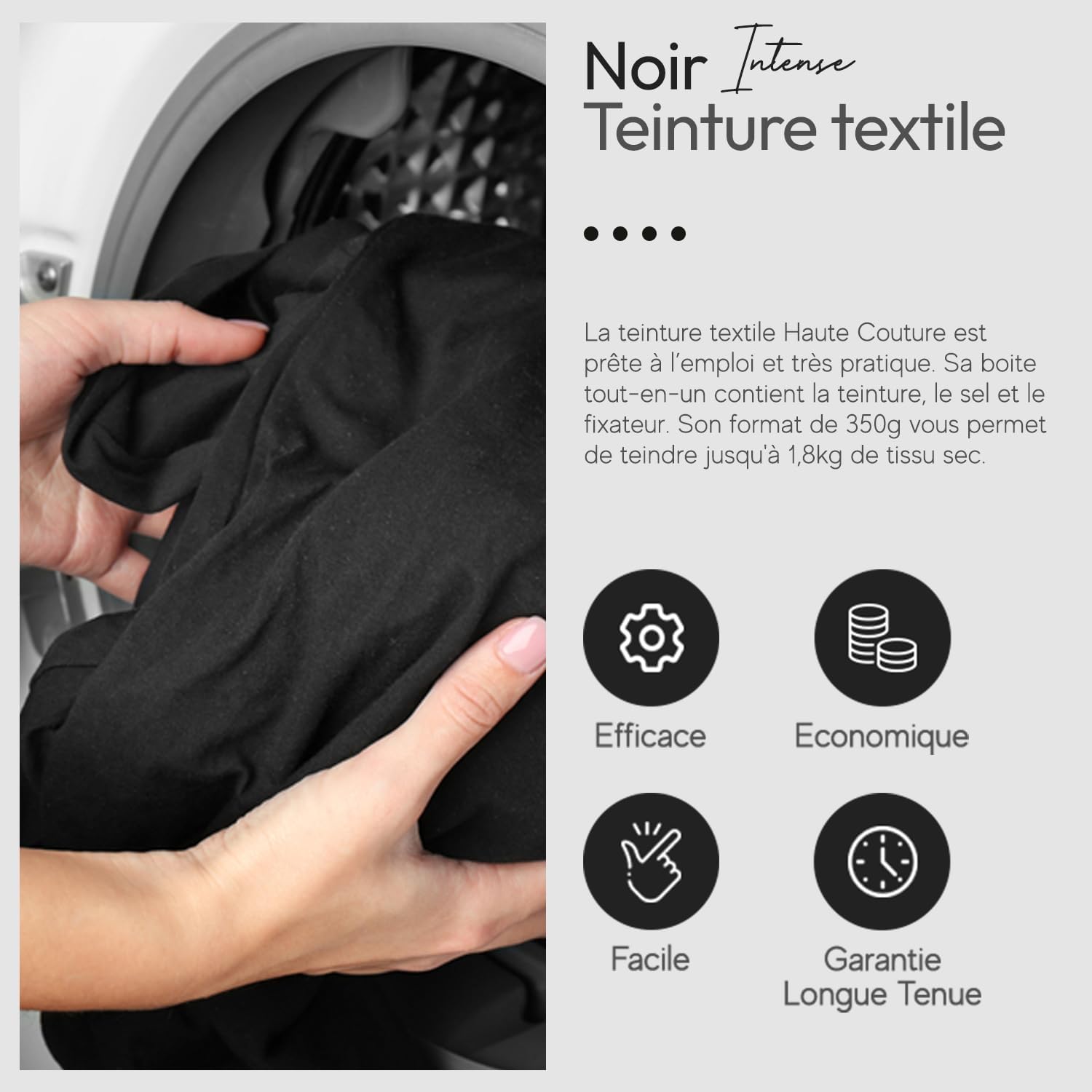 Haute Couture - Teinture Textile Tout-en-Un - Noir Intense - 3x350g | Prêt à l'Emploi - Teinture Machine à Laver - Coton, Lin, Soie & Viscose - Plus de 33 Couleurs Disponibles - Intense & Durable