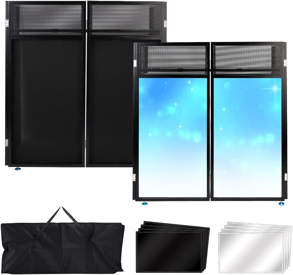 Topteng Portable DJ Facade Booth with Black/White Lighting Scrims, 42" x 20" Metal Frame DJ Table with Cable Slots, Carrying Case, for Events Clubs Bars Weddings Shows Party Indoor and Outdoor