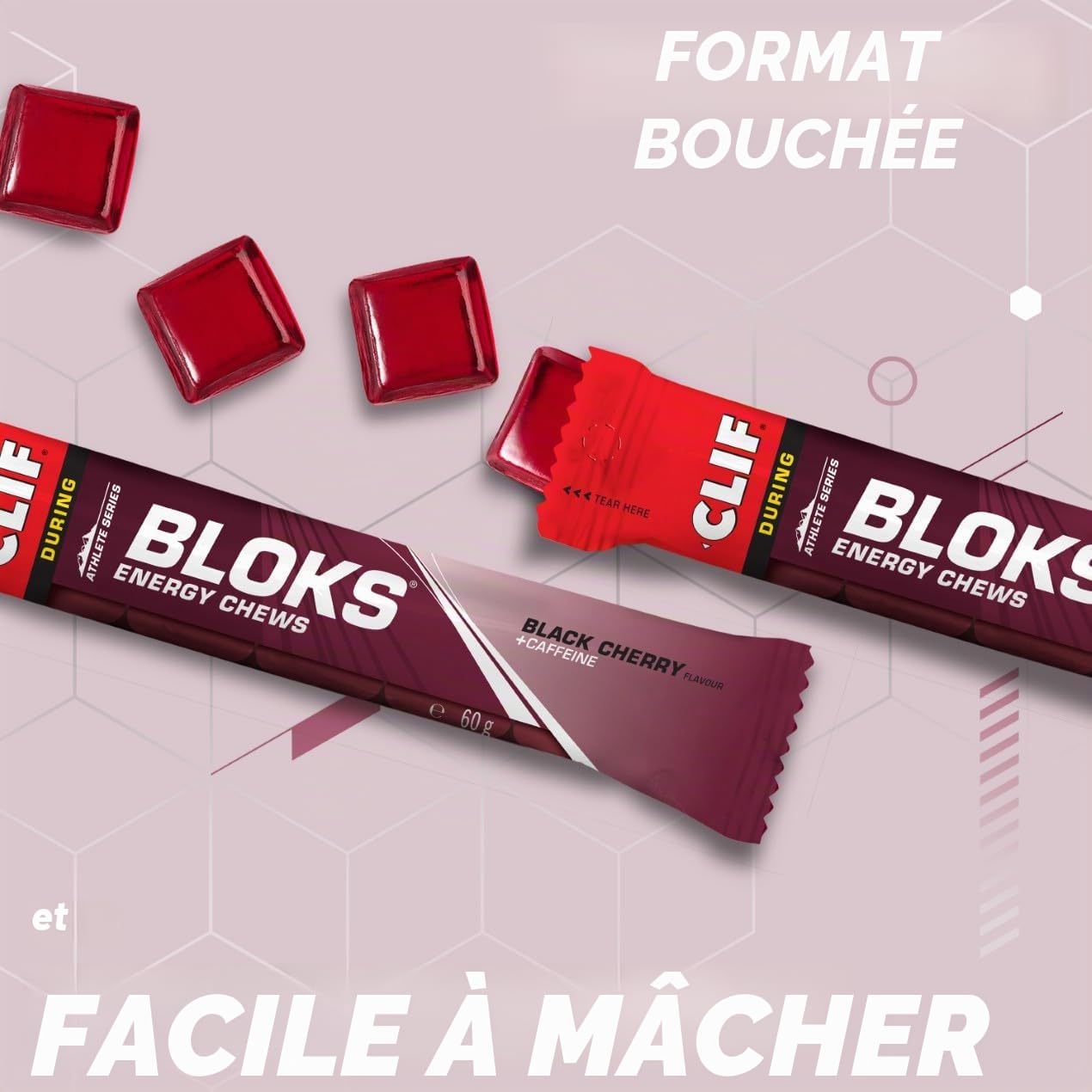 CLIF BLOKS Black Cherry + Caféine Gommes Énergétiques, 18 x 60 g | À Base de Plantes, Énergie Rapide pour la Course à Pied, le Cyclisme et l’Entraînement au Marathon, En‑Cas d’Endurance