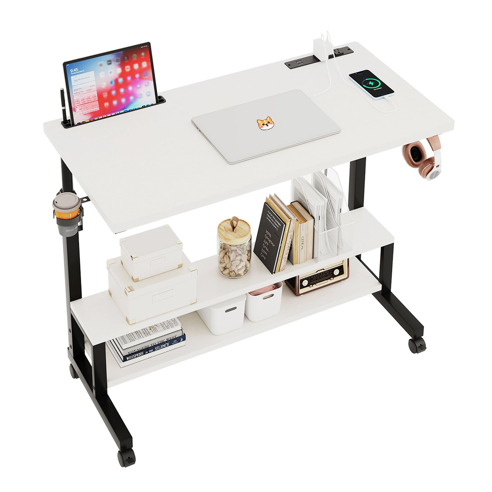 39 Inch Standing Desk with Power Outlets, Manual Stand Up Desk with Wheels, Small Mobile Rolling Computer Desk Laptop Table with Adjustable Height for Home Office, White