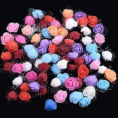 Euvoym 100 PCS Mixed Color Small PE Foam Rose Heads with Lace Edge Mini Foam Artificial Rose Flower Bouquet Wedding Decor for DIY Crafts Accessories Home Party Decoration (Mixed Color)