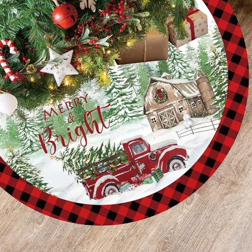 Blosssound Christmas Tree Skirt 48 Inch Red and Black Buffalo Plaid Tree Skirt Red Truck Xmas Tree Skirt Decor Retro Tree Mat for Winter Holiday Farmhouse Christmas Party Tree Decoration
