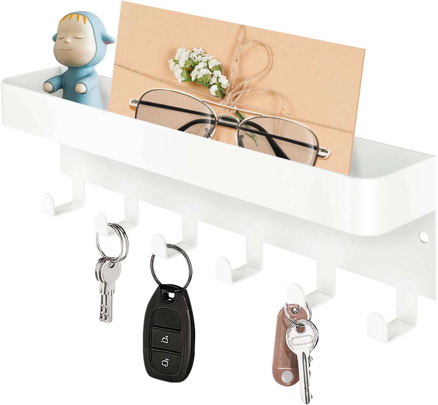 RELBRO Magnetic Key Holder for Fridge, Metal Wall Mount Key Rack with Shelf, 6 Hooks, 2 Installation Options, Black