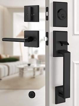 EHOMEWARE Matte Black Front Door Handle, Exterior Door Lock Set with Deadbolt, Black Entry Door Lever Set, Single Cylinder Deadbolt, Front Entry Door Handle, Reversible for Left & Right Doors