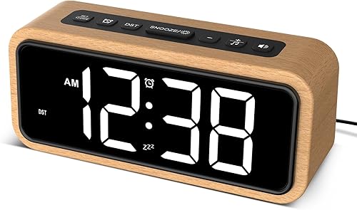Miniatura 9 de Netzu Reloj despertador de madera, reloj digital fuerte con 5 volúmenes, 12 tonos de llamada, horario de verano manual, función de repetición, reloj