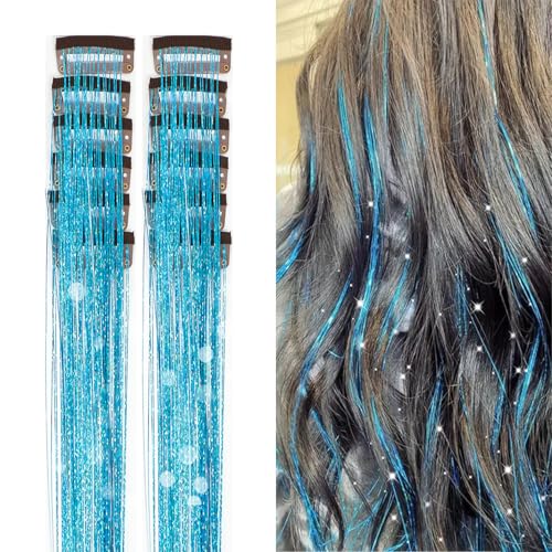 12Pcs Sky Blue Hair Tinsel Clip in, Fairy Hair Tinsel Kit for Girls