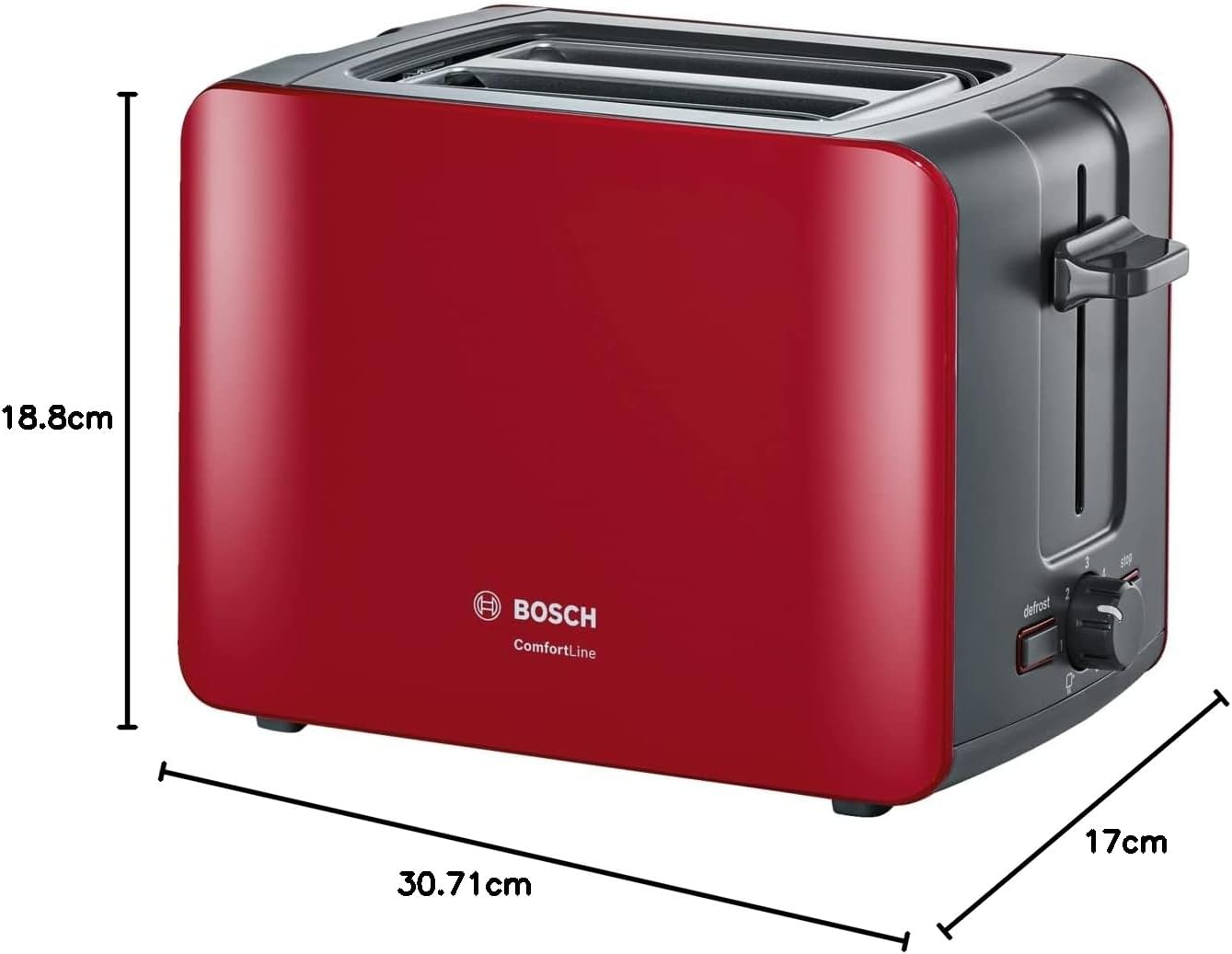 Bosch TAT6A114 toaster with dimensions labeled: 18.8cm height, 30.71cm width, 17cm depth