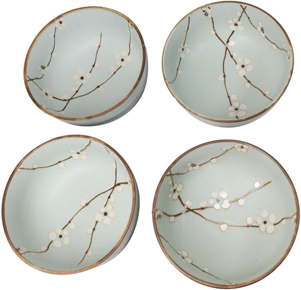 Ebros Gift Pack Of 4 Made In Japan Restaurant Grade Blue Plum Soushun Sakura Cherry Blossoms Porcelain Double Walled Medium Bowls 21oz 5.5" D As Tayo Multipurpose Noodle Rice Soup Bowl
