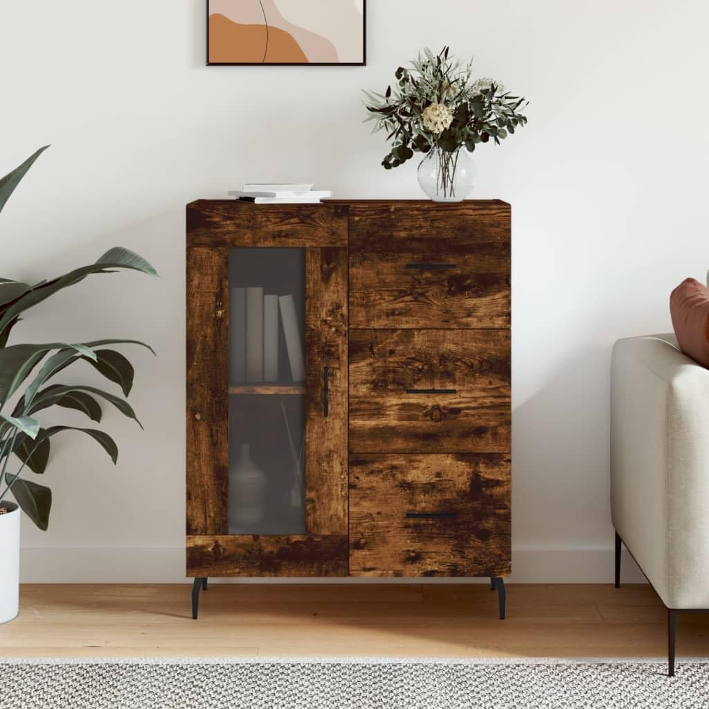 Aparador de madera roble ahumado de 69.5x34x90 cm con 3 cajones y patas de metal
