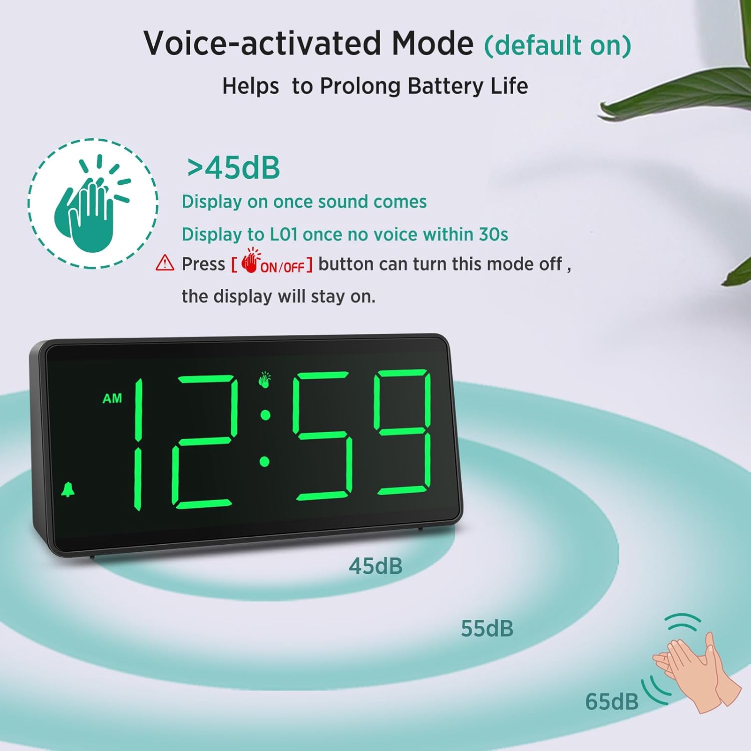 Peakeep Digital Clock illustrating voice-activated mode functionality